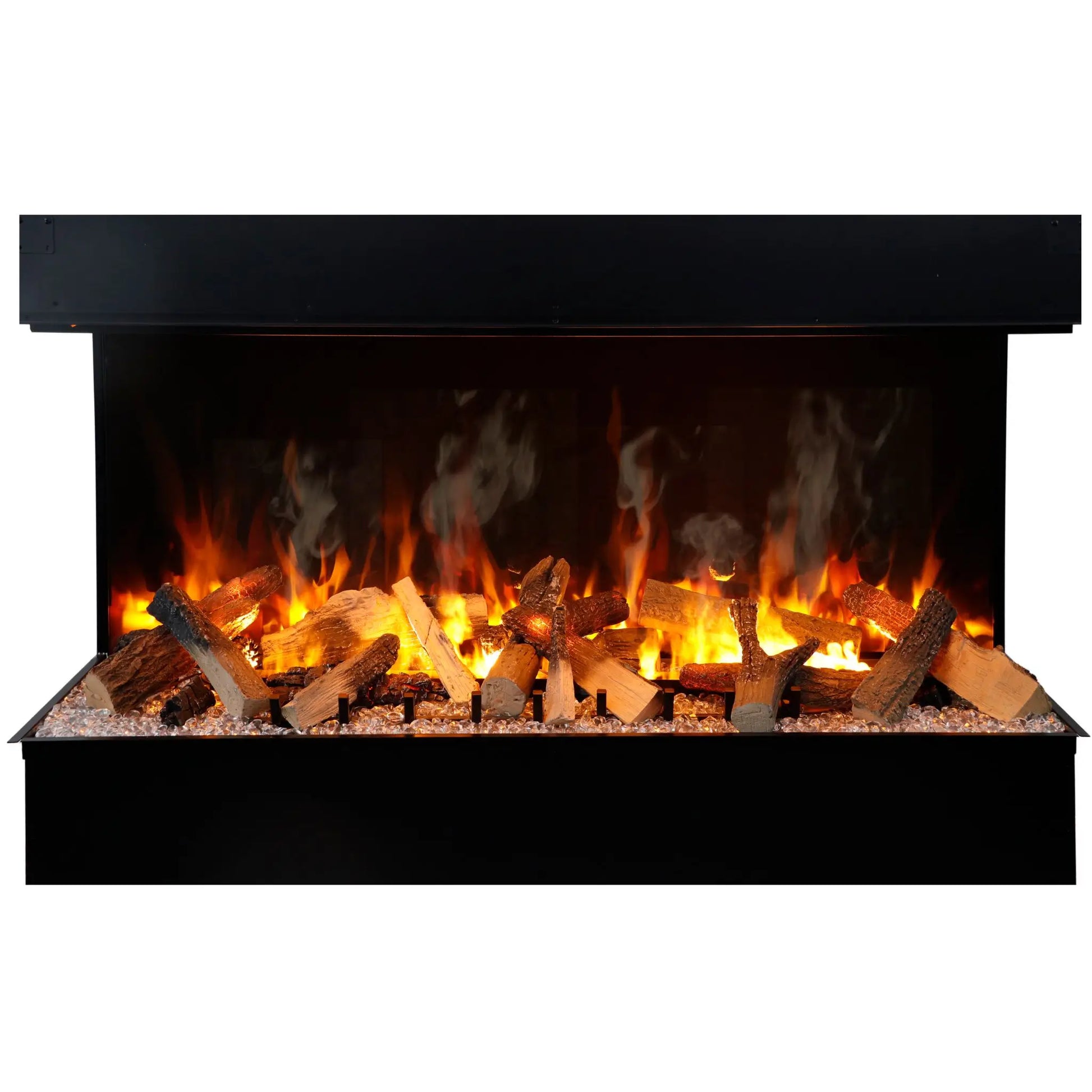 Studio product photo of the freestanding 3-sided linear electric fireplace insert on a white background, showing the log set, flame effect, and clear glass ember bed from a straight-on angle.