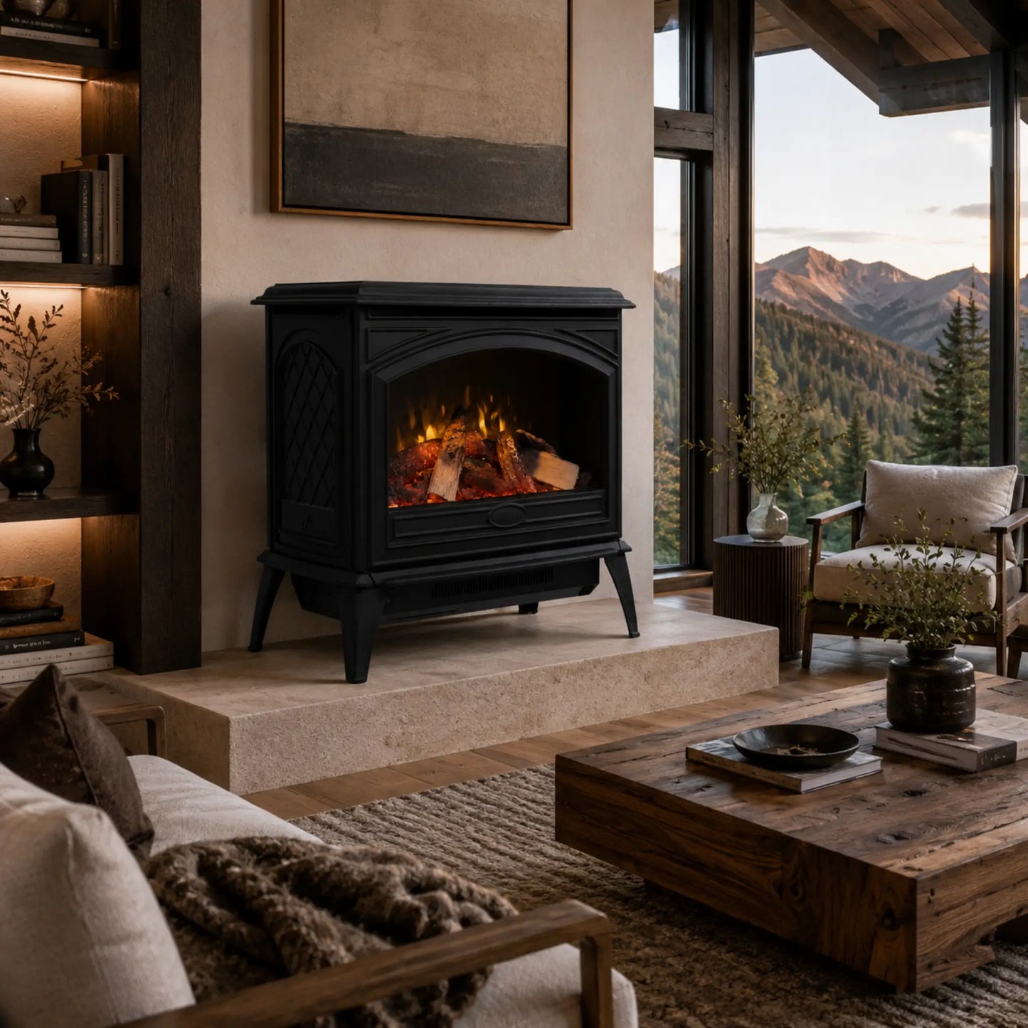 A black freestanding wood-burning fireplace with a glowing fire inside, set in a rustic living room with large windows showing a mountain landscape outside.