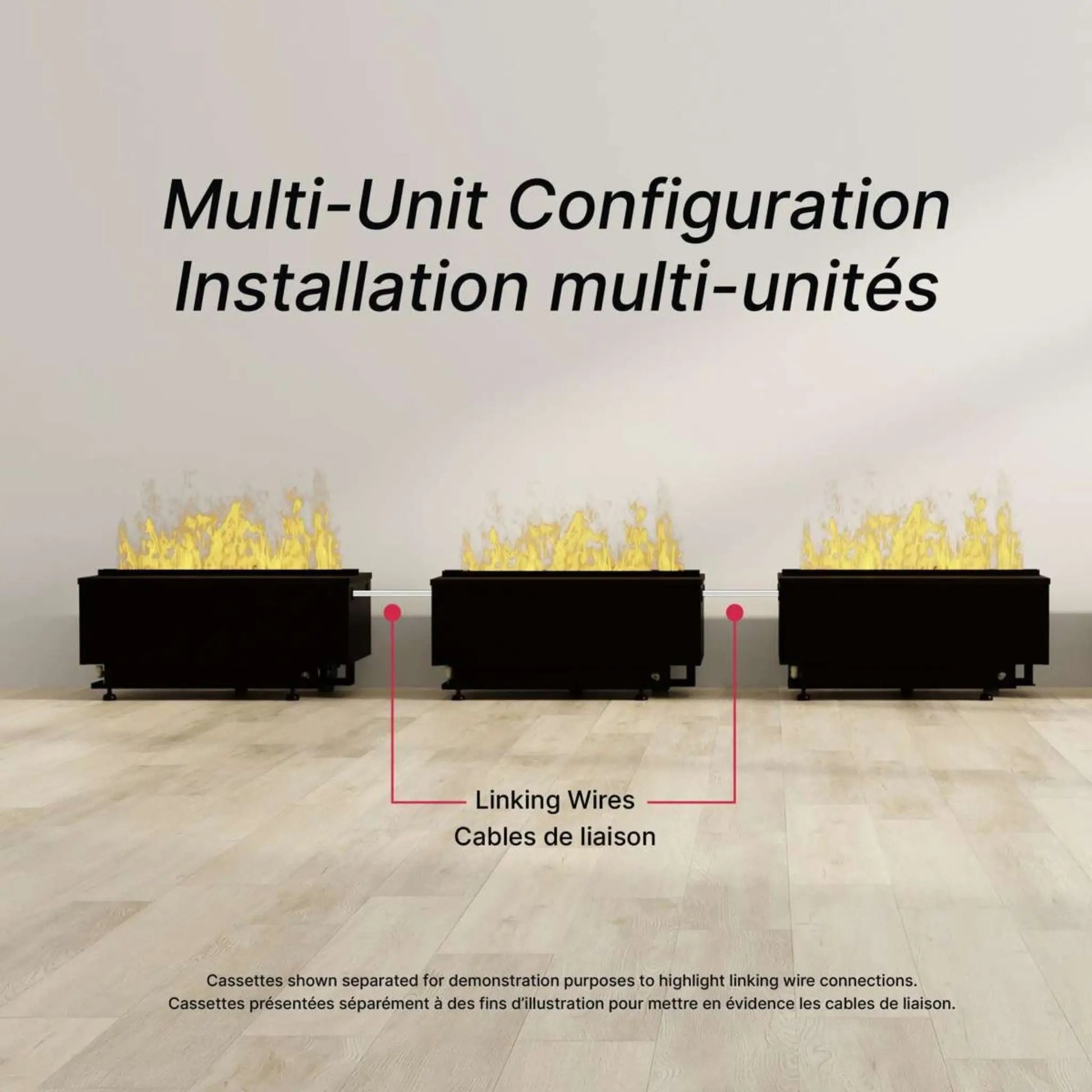 Diagram titled Multi-Unit Configuration showing three Optimyst cassette inserts placed side by side and connected by linking wires for a continuous linear flame installation.