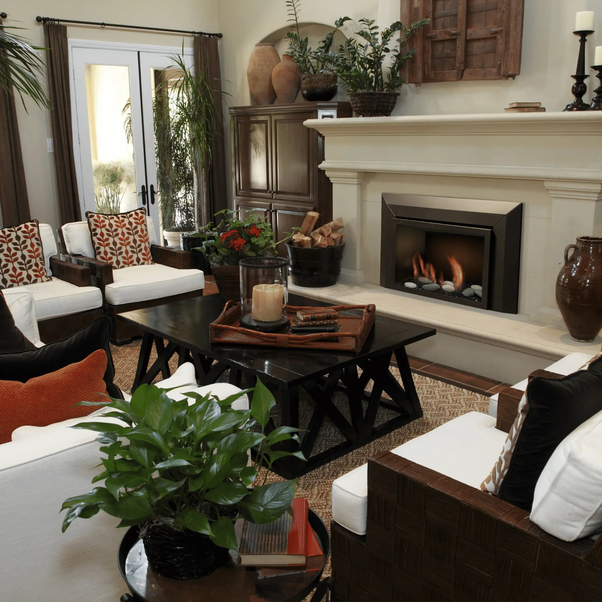 Sierra Flame Abbot gas fireplace insert in a cream mantel in a traditional living room