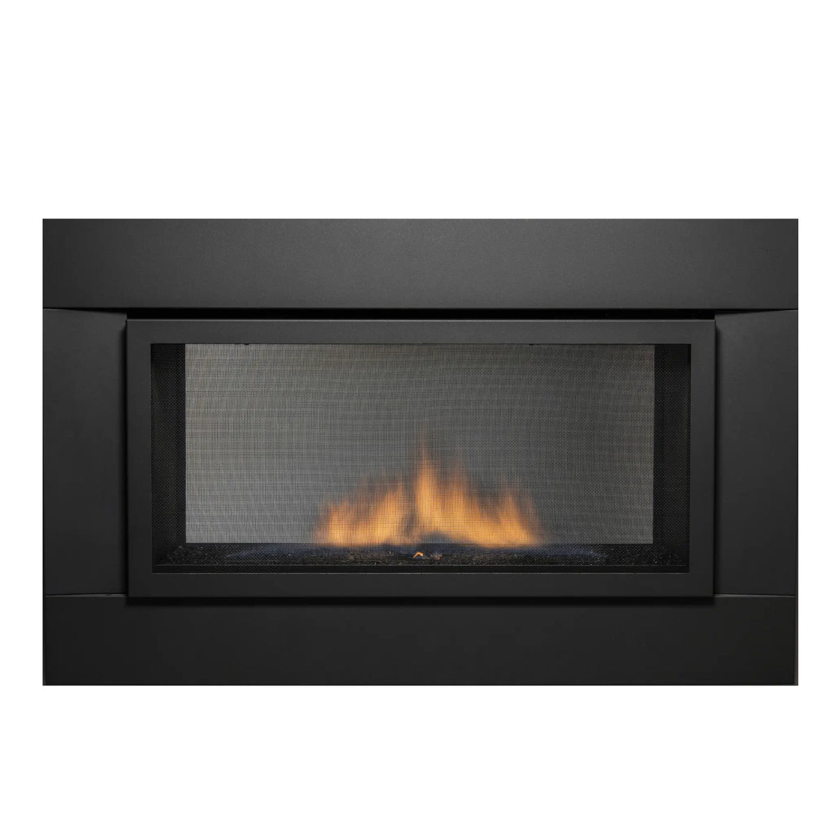Front view of Sierra Flame Palisade 36 see-through gas fireplace with black surround
