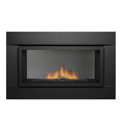 Front view of Sierra Flame Palisade 36 see-through gas fireplace with black surround
