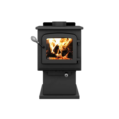Drolet Escape 1200 N EPA certified wood stove - front view with glass door and fire