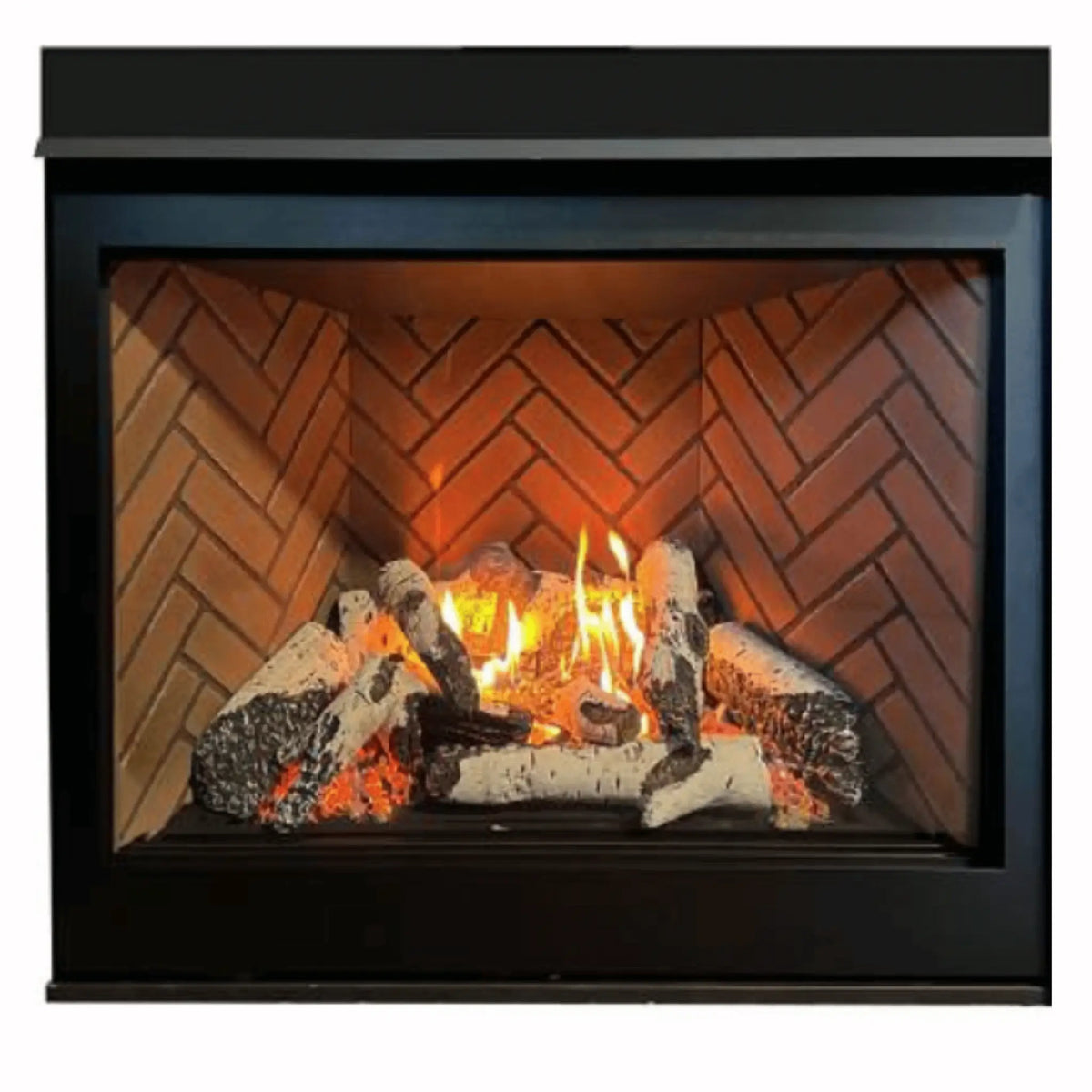 Sierra Flame Jasper gas fireplace with herringbone ceramic brick liner and birch log set, front view