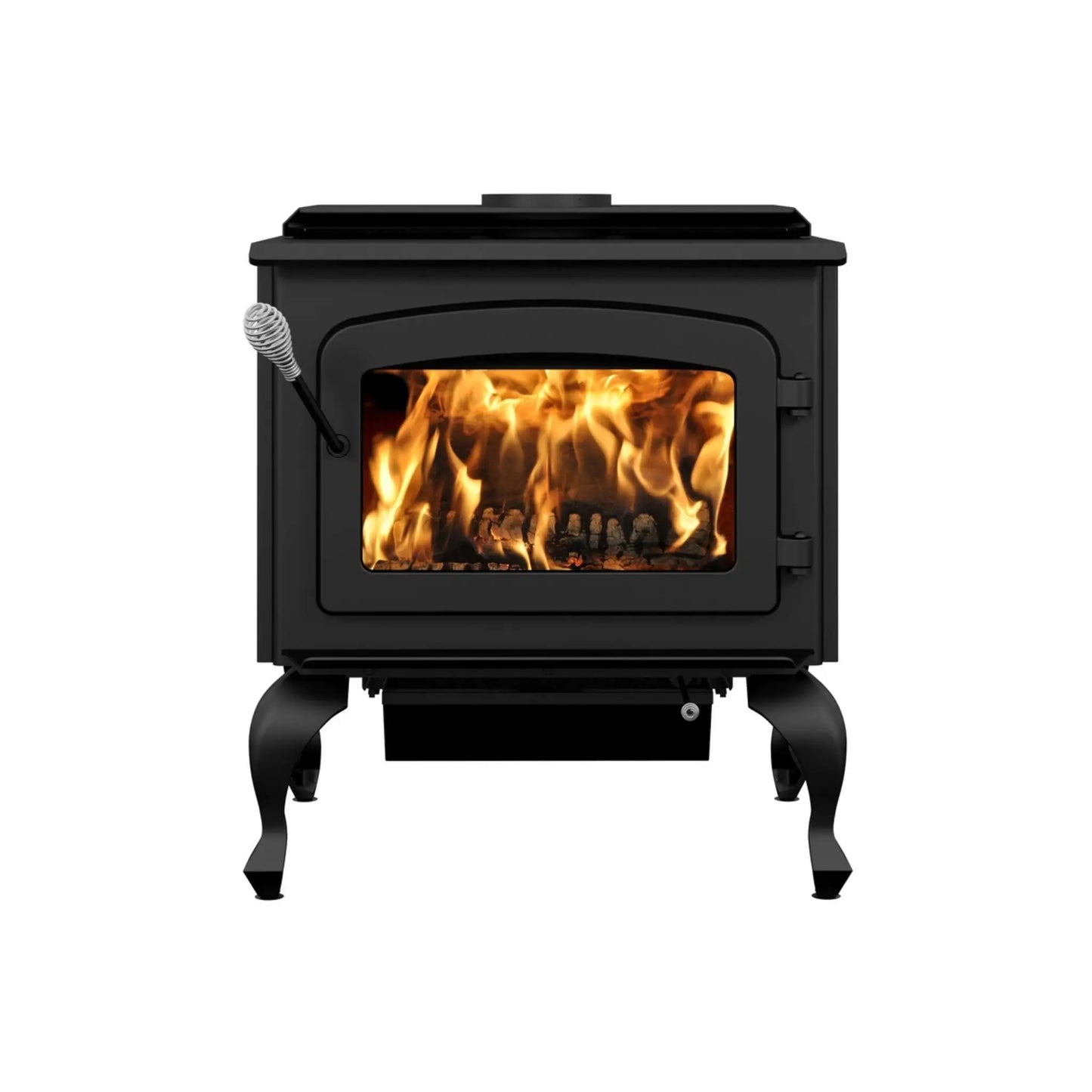Drolet Escape 1800 Wood Stove On Legs - Front View with Open Door