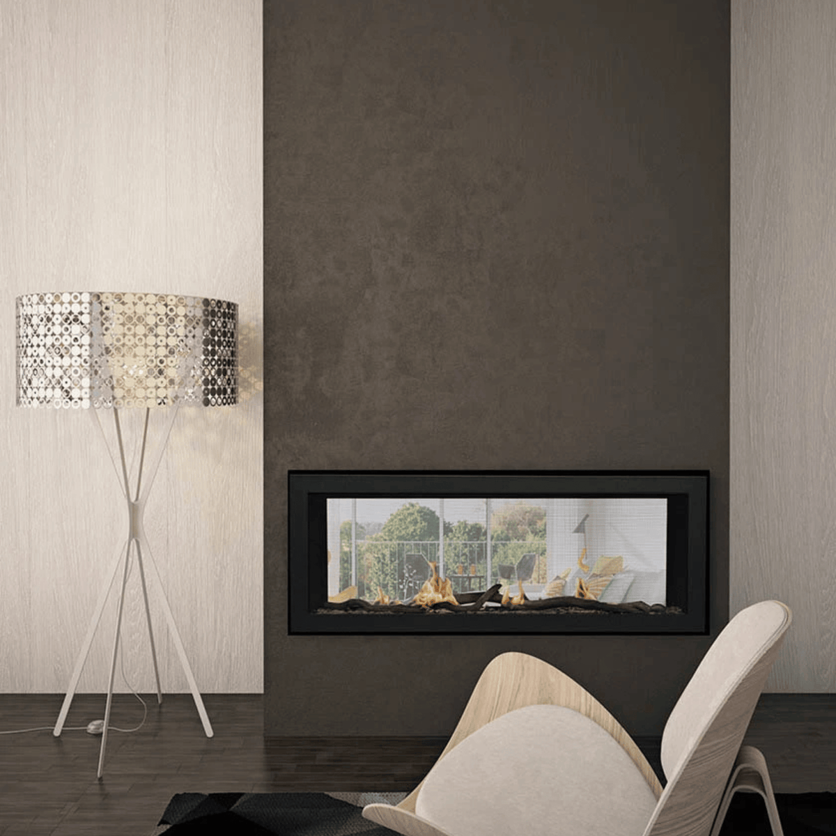 Sierra Flame Emerson 48 slim see-through gas fireplace in a dark feature wall next to a floor lamp