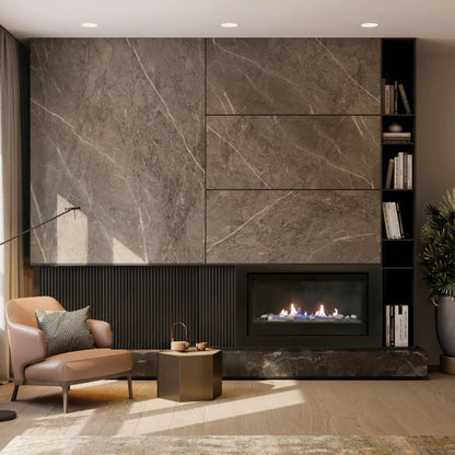 Sierra Flame Boston 36 gas fireplace built into a marble feature wall with shelving