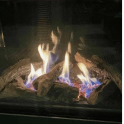 Close-up of gas flames over a ceramic log set in the Sierra Flame Thompson fireplace