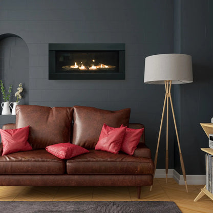 Sierra Flame Stanford linear gas fireplace on a dark gray wall above a leather sofa