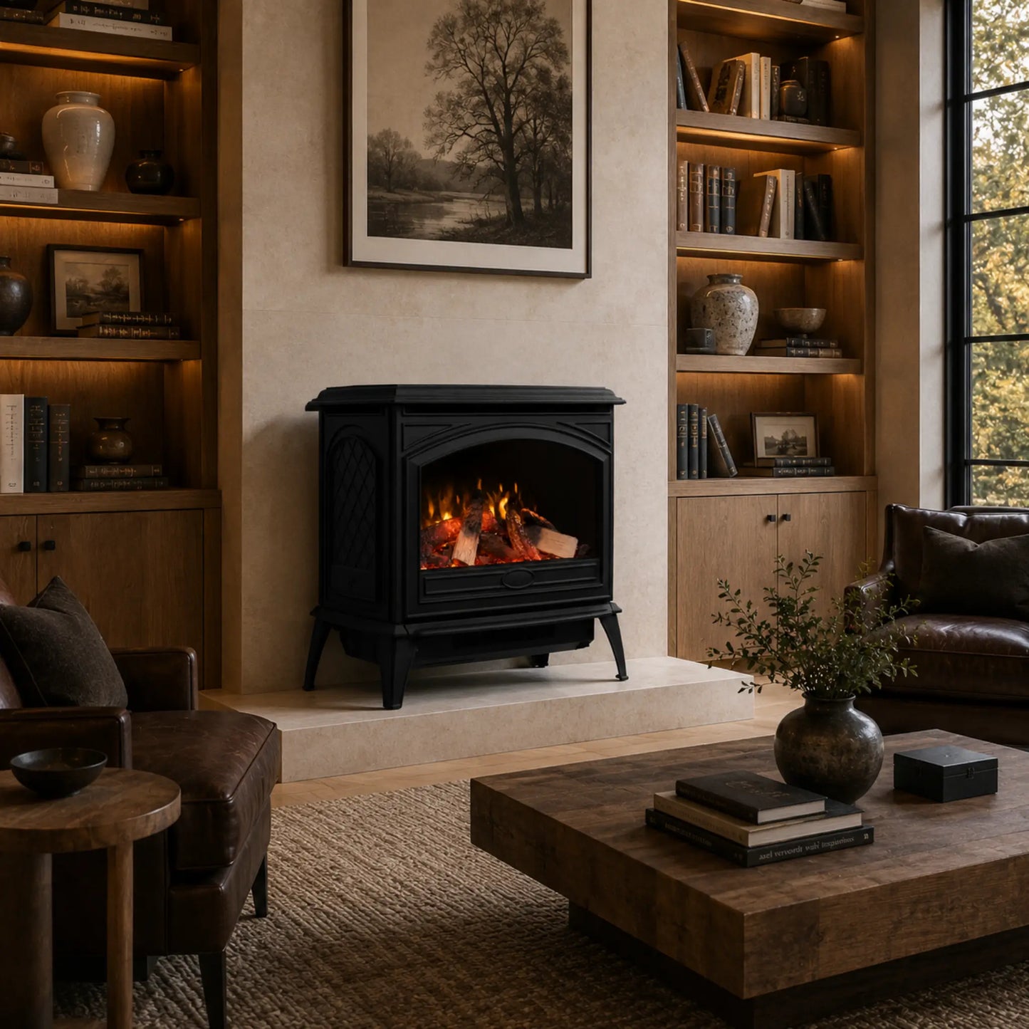 A black wood-burning fireplace with a glowing fire, set in a warm, rustic living room with built-in wooden shelves, leather chairs, and a wooden coffee table.