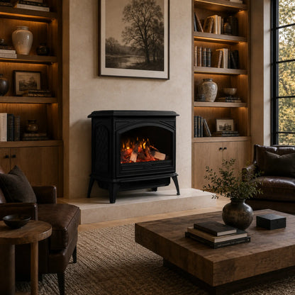 A black wood-burning fireplace with a glowing fire, set in a warm, rustic living room with built-in wooden shelves, leather chairs, and a wooden coffee table.