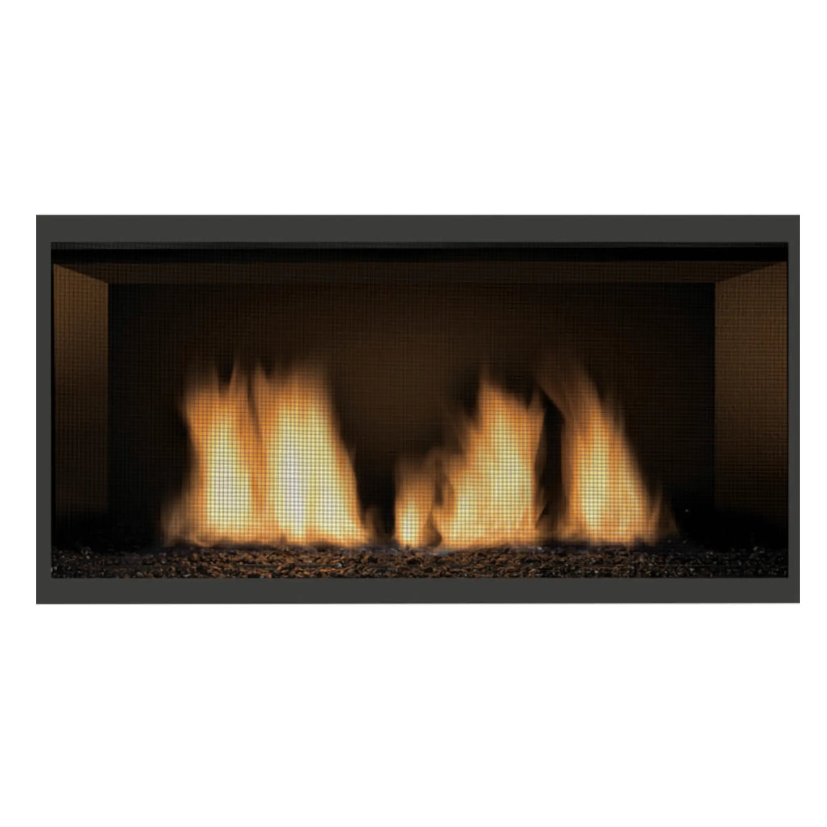 Sierra Flame Newcomb 36 linear gas fireplace firebox with glowing flames, front view