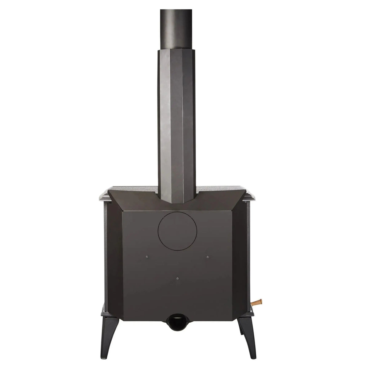 A dark gray cast iron wood stove with a tall chimney stack and three legs, shown from a front angle on a solid white background.