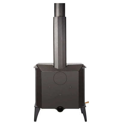 A dark gray cast iron wood stove with a tall chimney stack and three legs, shown from a front angle on a solid white background.