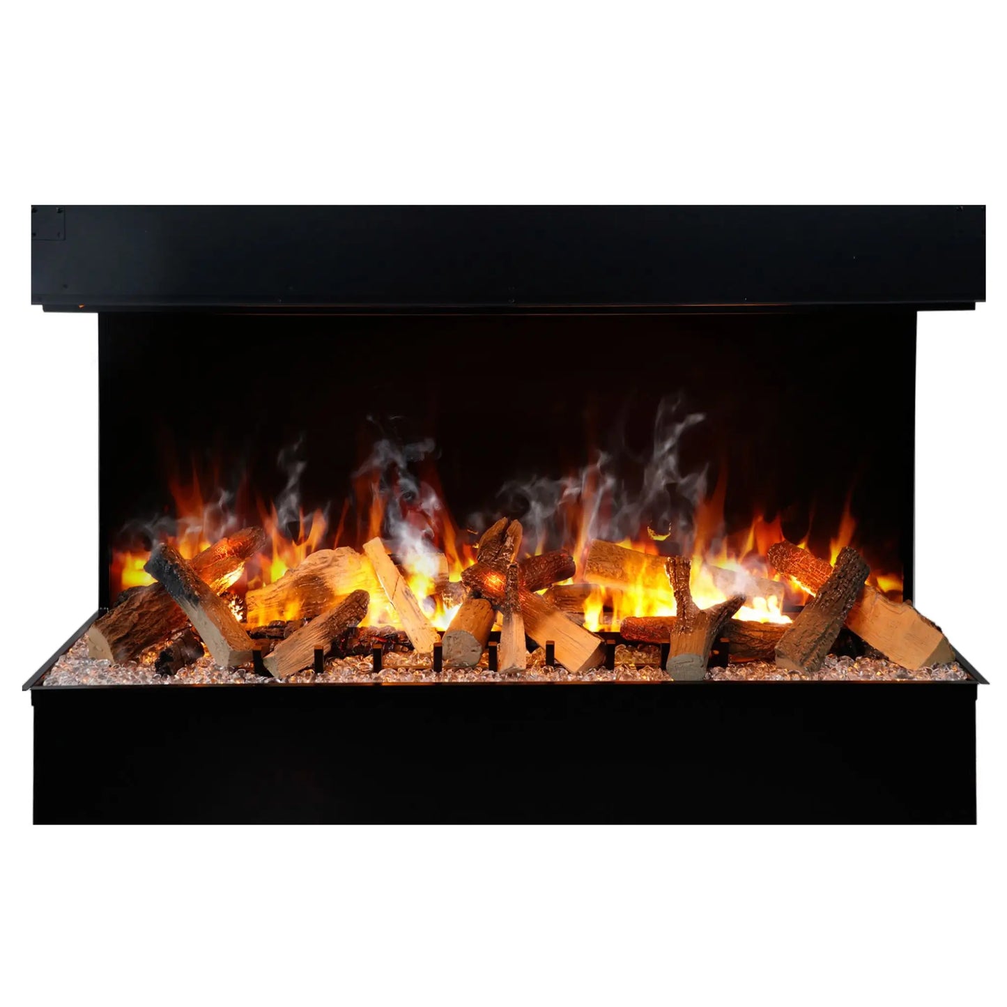 Studio product photo of the 3-sided linear electric fireplace insert on a white background, shown straight-on with a log set, orange flame effect, and clear crystal ember bed.