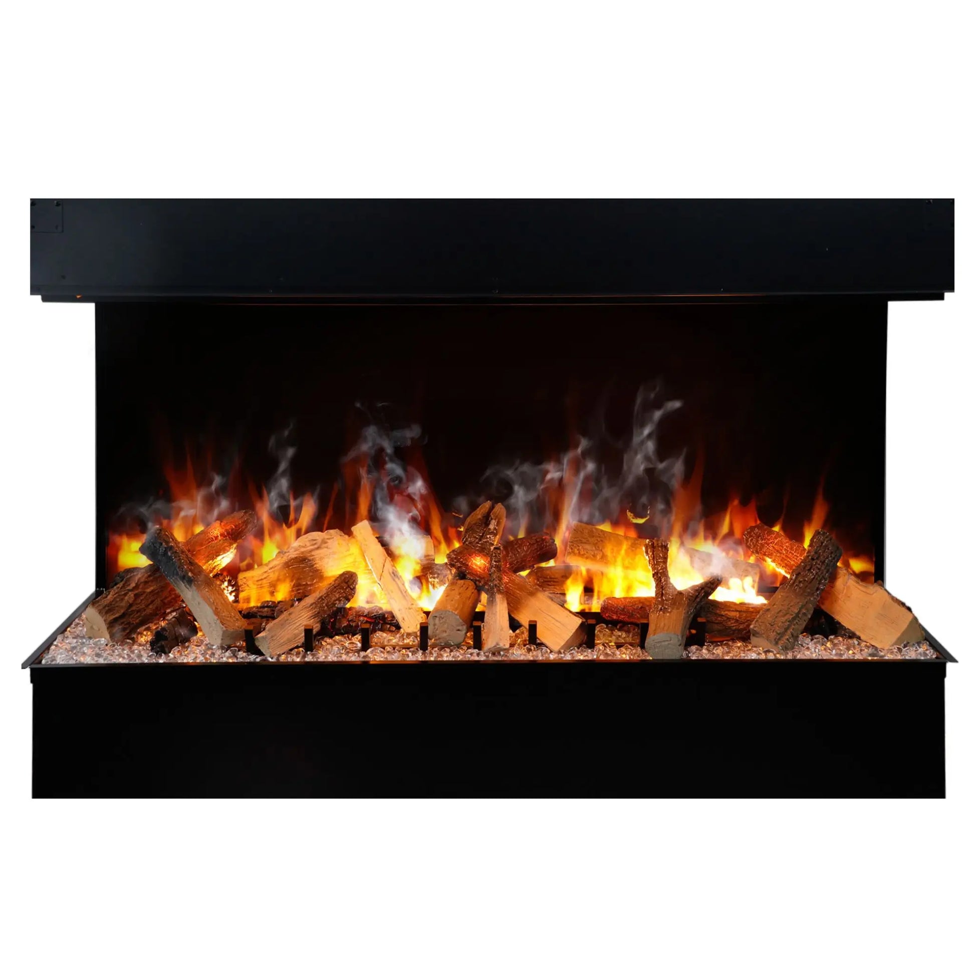 Studio product photo of the 3-sided linear electric fireplace insert on a white background, shown straight-on with a log set, orange flame effect, and clear crystal ember bed.