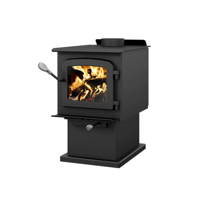 Drolet Escape 1200 N pedestal wood stove - left side angle view with cast iron door and ash lip