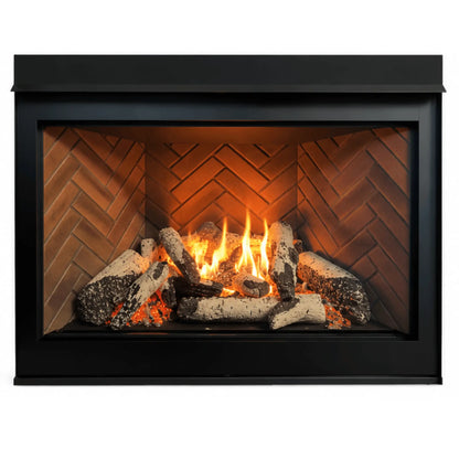 Sierra Flame Jasper zero clearance gas fireplace with black surround and birch log set, front view