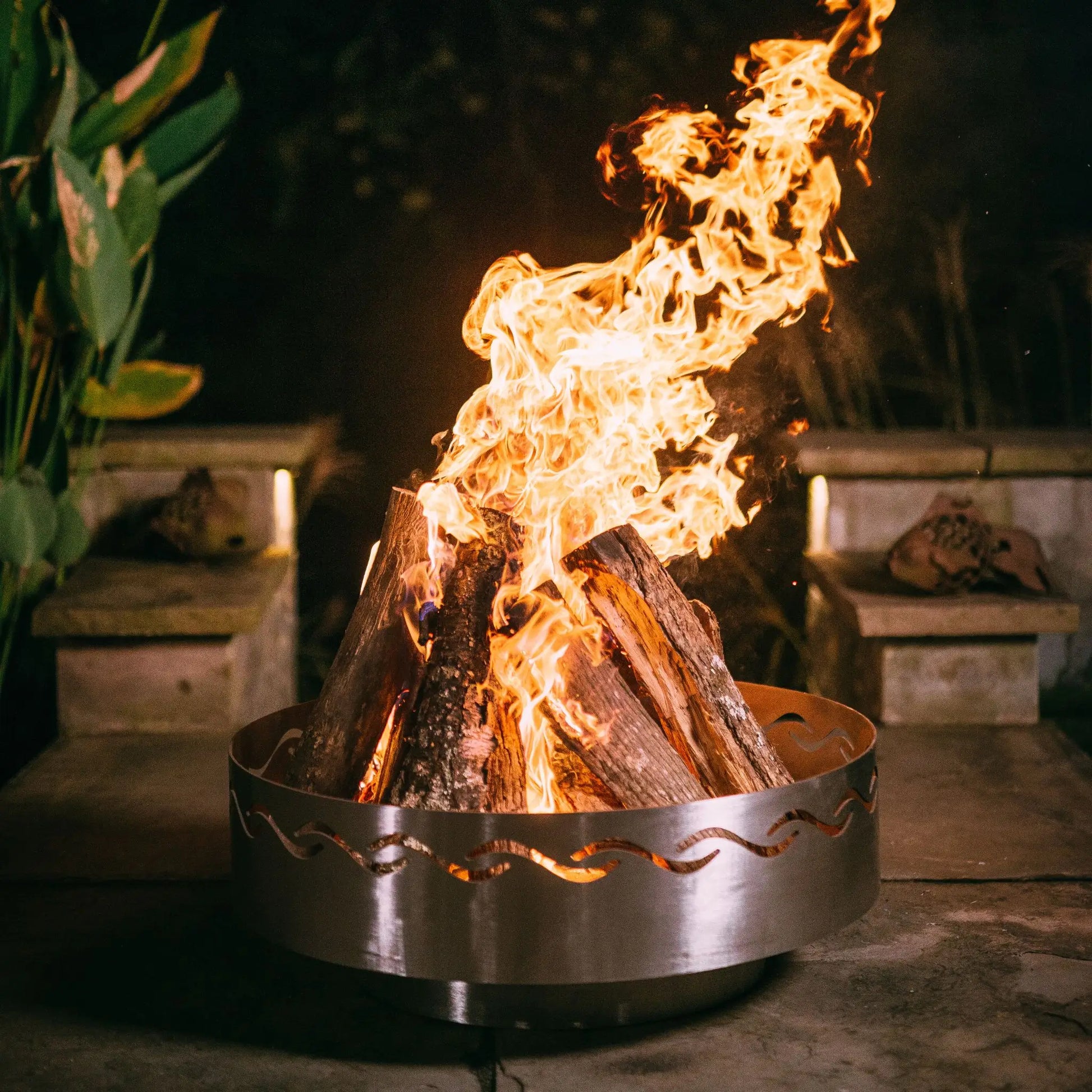 Fire Pit Art Fire Surfer Stainless Steel Fire Pit – Wave Design Portable Outdoor Fire Pit – Lifestyle View
