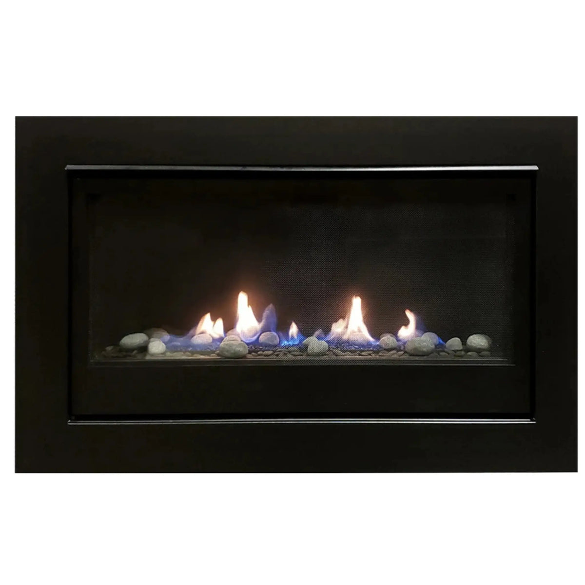 Sierra Flame Boston 36 gas fireplace with black surround, front view with glowing flames