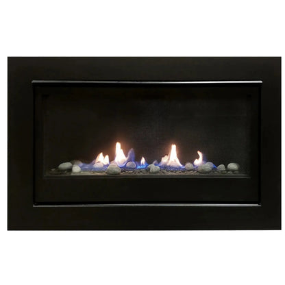 Sierra Flame Boston 36 gas fireplace with black surround, front view with glowing flames
