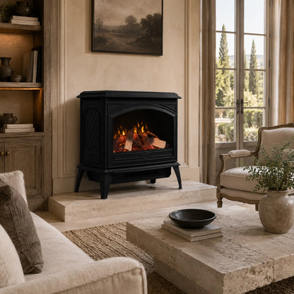 A black wood-burning fireplace with a glowing fire inside, set in a warm, elegant living room with beige walls, stone flooring, and a classic armchair nearby.