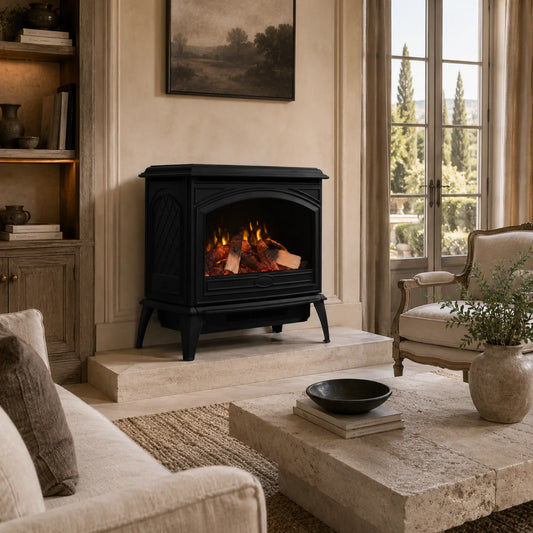 A black wood-burning fireplace with a glowing fire inside, set in a warm, elegant living room with beige walls, stone flooring, and a classic armchair nearby.