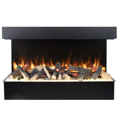 Studio product photo of the 3-sided linear electric fireplace insert on a white background, shown straight-on with an alternate log arrangement, orange flame effect, and clear crystal ember bed.