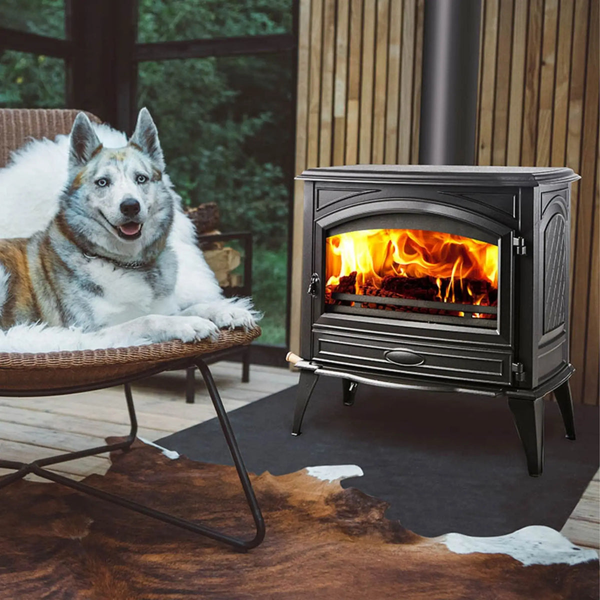 A black wood-burning stove with a glowing fire inside, placed in a rustic room next to a dog sitting in a woven chair. The scene includes a wood-paneled wall, a dark rug, and a cowhide rug on the floor.