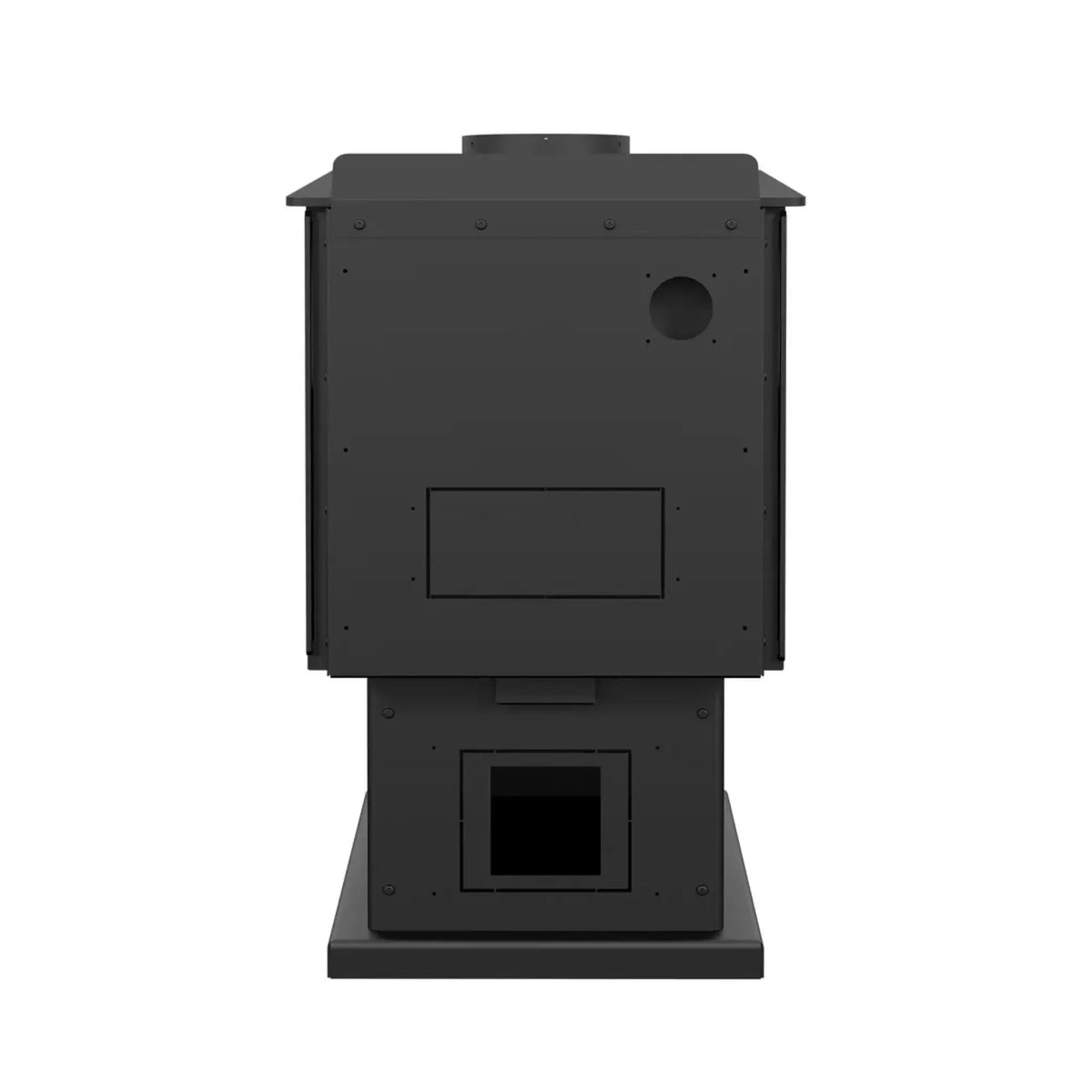 Drolet Escape 1200 N wood stove - rear view showing back heat shield and pedestal opening