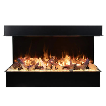 Studio product photo of the 3-sided linear electric fireplace insert on a white background, showing the log set with a purple-tinted flame effect and matching purple crystal ember bed.