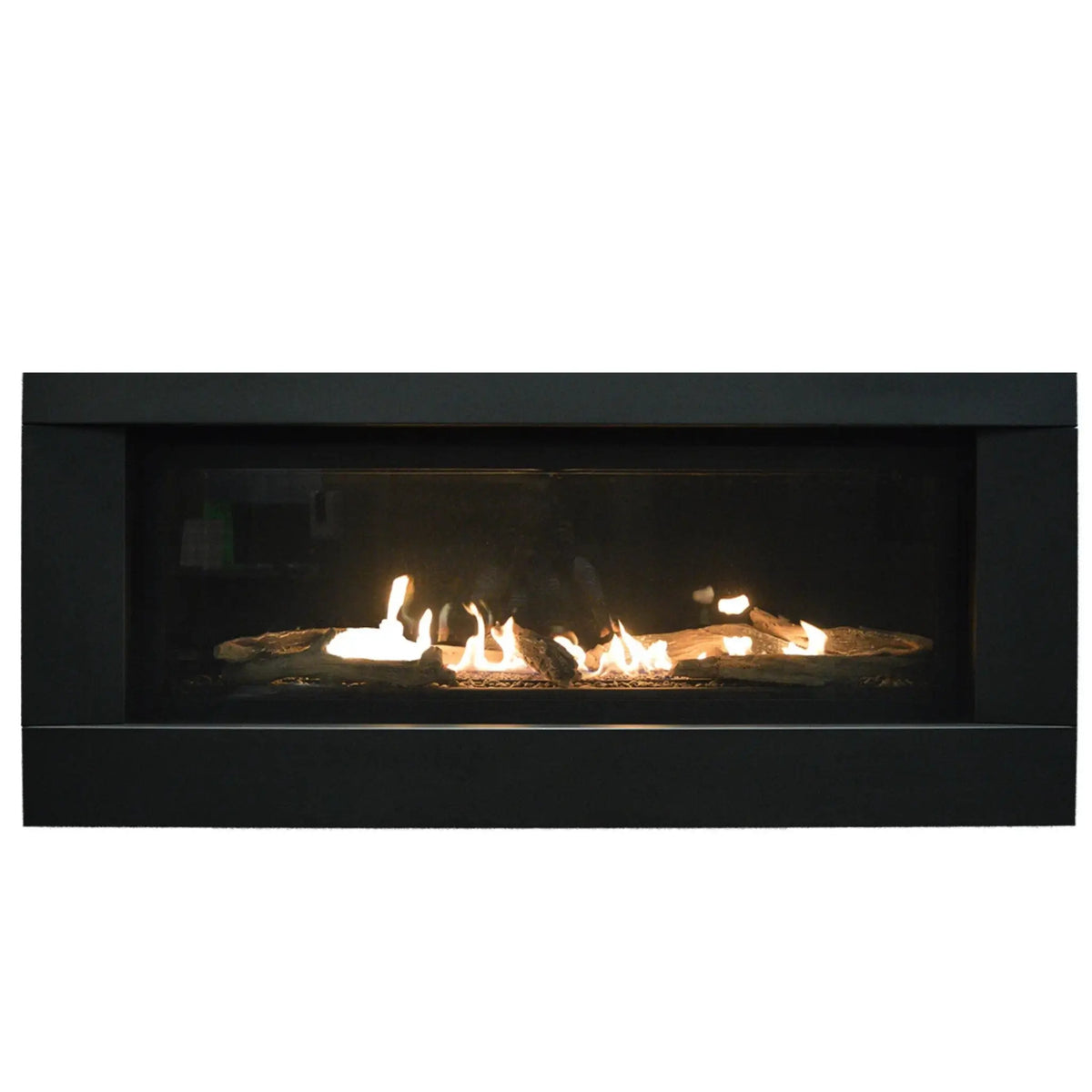 Sierra Flame Stanford 55 linear gas fireplace with black surround, front view with log set flames