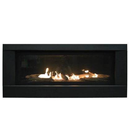 Sierra Flame Stanford 55 linear gas fireplace with black surround, front view with log set flames