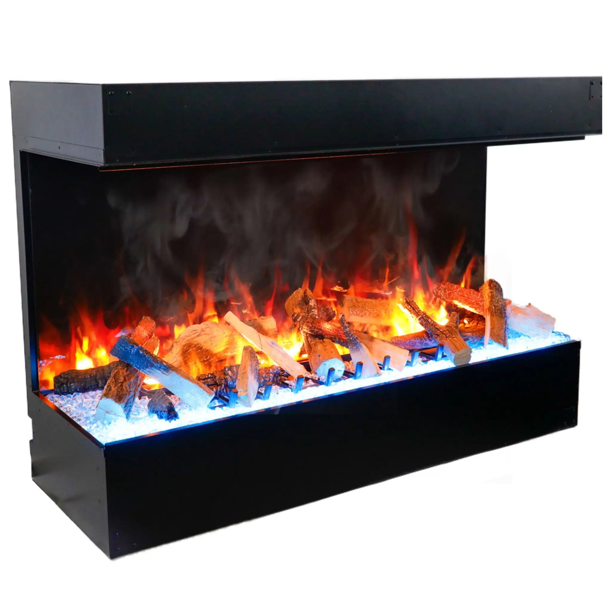 Studio product photo of the 3-sided linear electric fireplace insert shown at an angle on a white background, displaying the see-through corner glass panel with a blue-lit crystal ember bed.