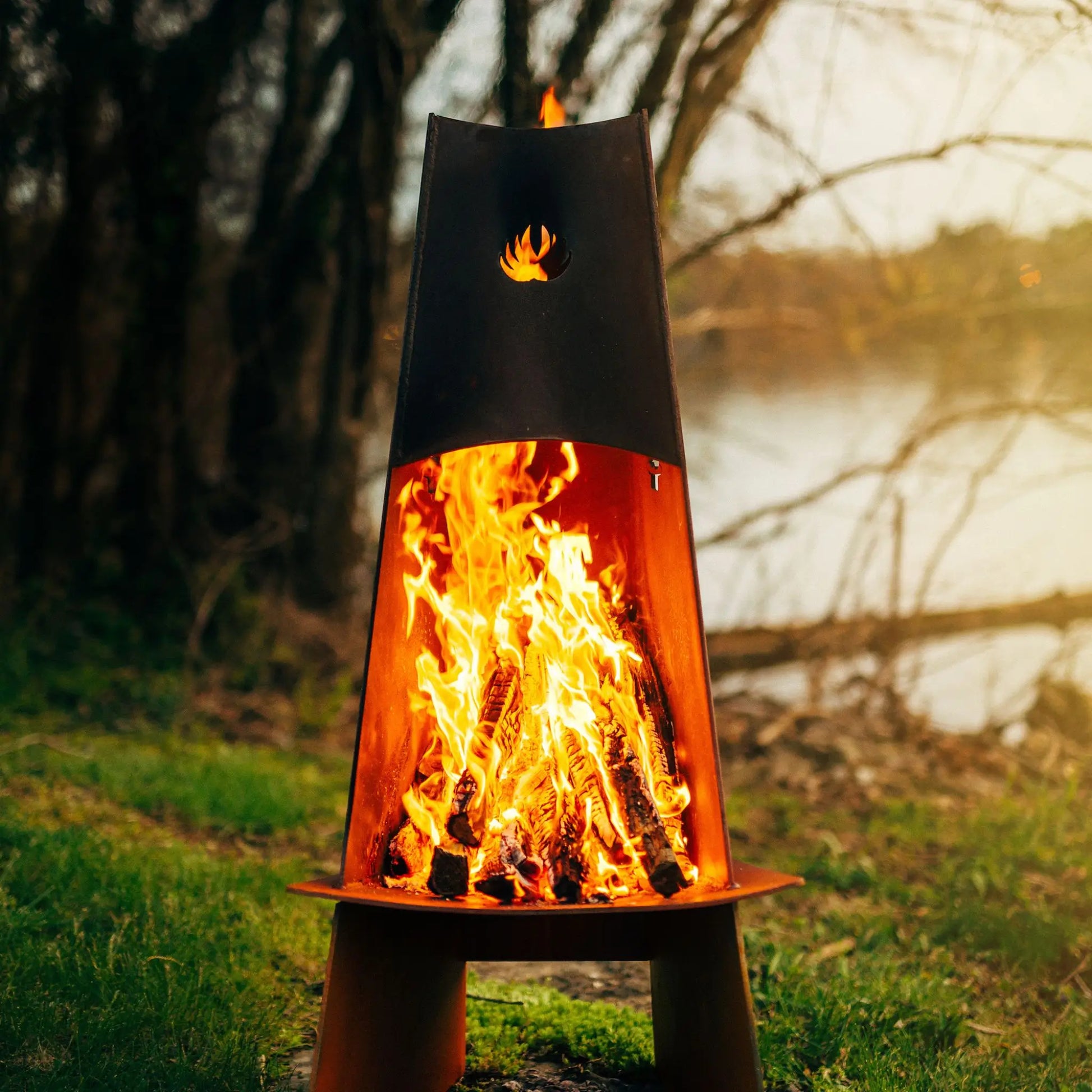 Fire Pit Art Vesuvius Wood Burning Fire Pit – Vertical Trilateral Steel Outdoor Fire Pit – Detail View