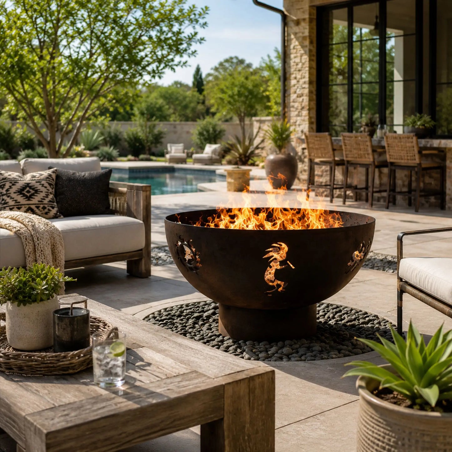 Fire Pit Art Kokopelli Lizard Steel Fire Pit – Southwest Gecko Sun Design Outdoor Fire Pit – Main Product Photo