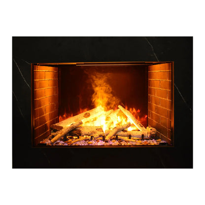 Studio product photo of the built-in electric fireplace insert framed in dark marble-look surround, showing a white birch log set with orange flames and a clear crystal ember bed.
