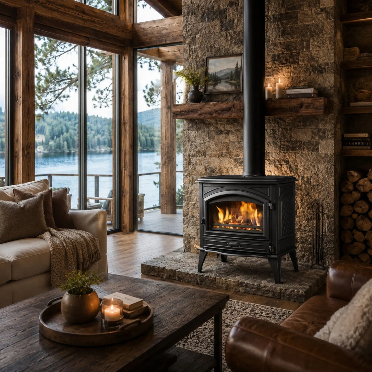 A black wood-burning stove with a visible fire sits in a rustic cabin living room with stone walls, large windows overlooking water, and cozy furniture.