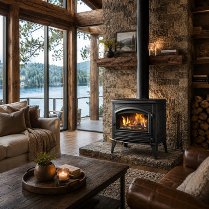 A black wood-burning stove with a visible fire sits in a rustic cabin living room with stone walls, large windows overlooking water, and cozy furniture.