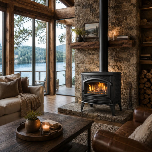 A black wood-burning stove with a visible fire sits in a rustic cabin living room with stone walls, large windows overlooking water, and cozy furniture.