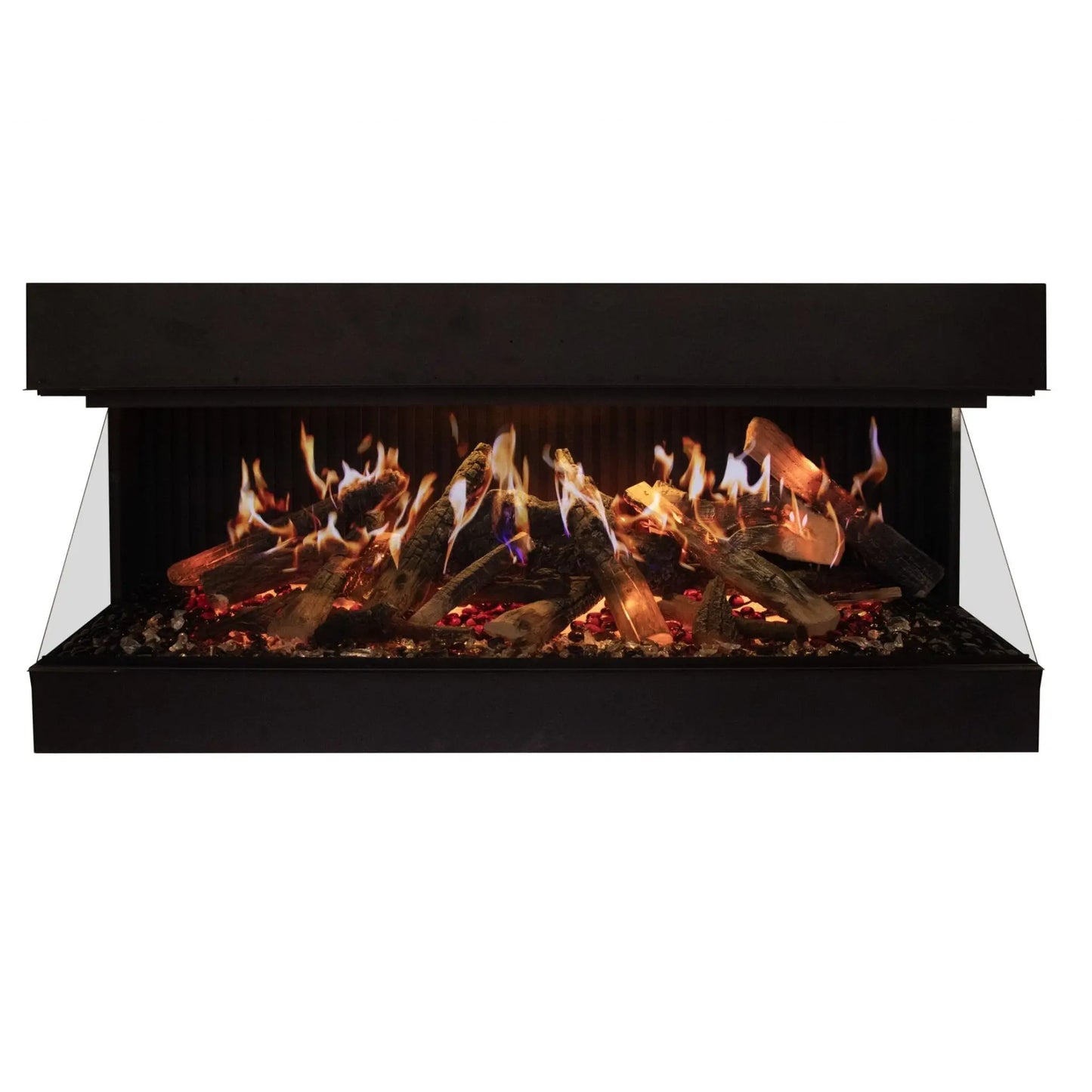 A modern linear fireplace with a black metal frame, clear glass side panels, and realistic logs with glowing orange and yellow flames over dark embers, shown against a plain white background.