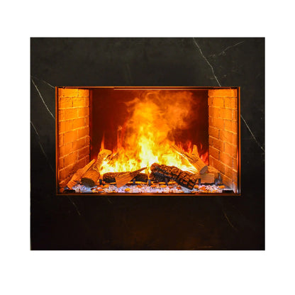Studio product photo of the built-in electric fireplace insert framed in dark marble-look surround, showing the log set and orange flame effect from a straight-on angle.