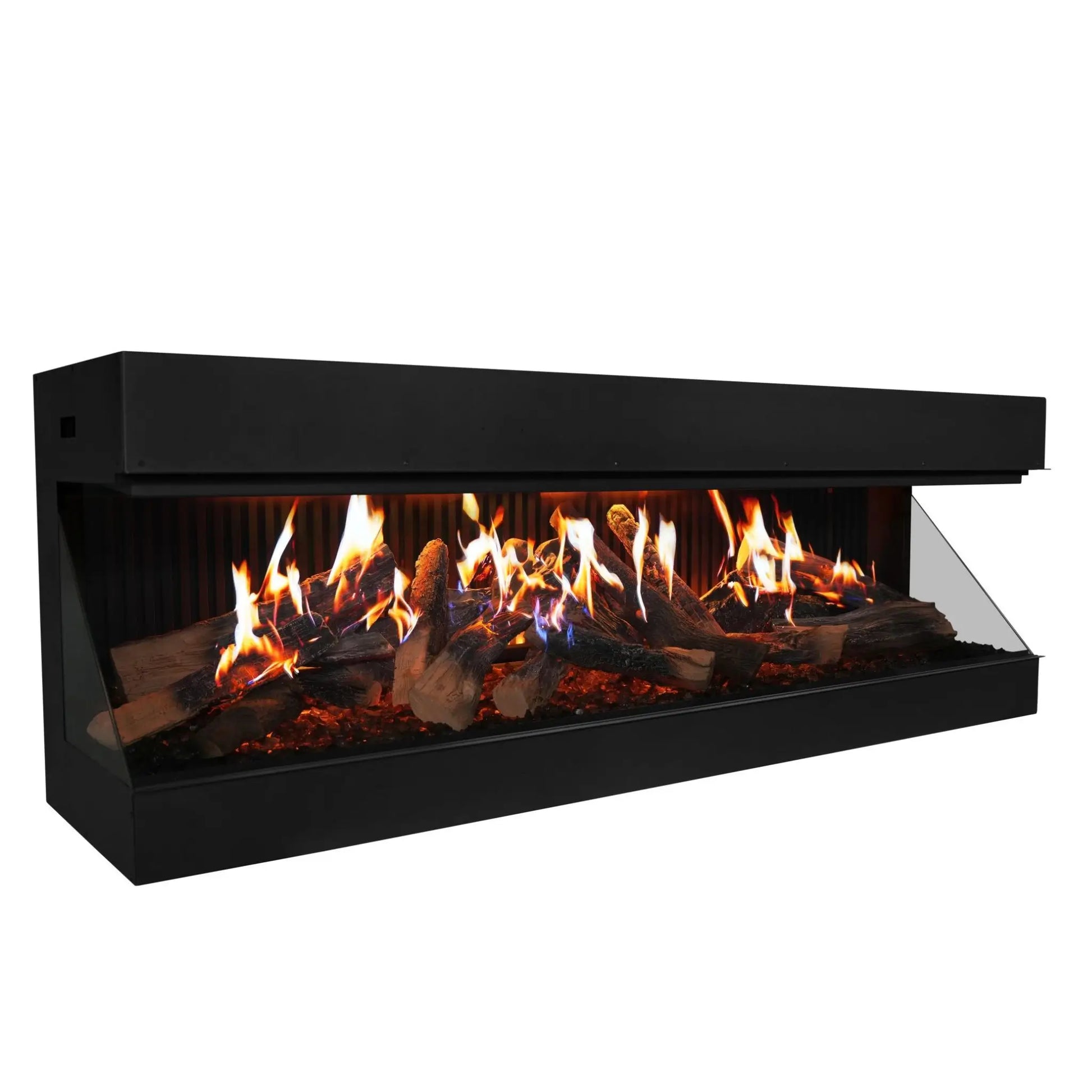A modern linear fireplace with a matte black metal frame, featuring realistic logs and bright orange and yellow flames visible through a clear glass front, set against a plain white background.