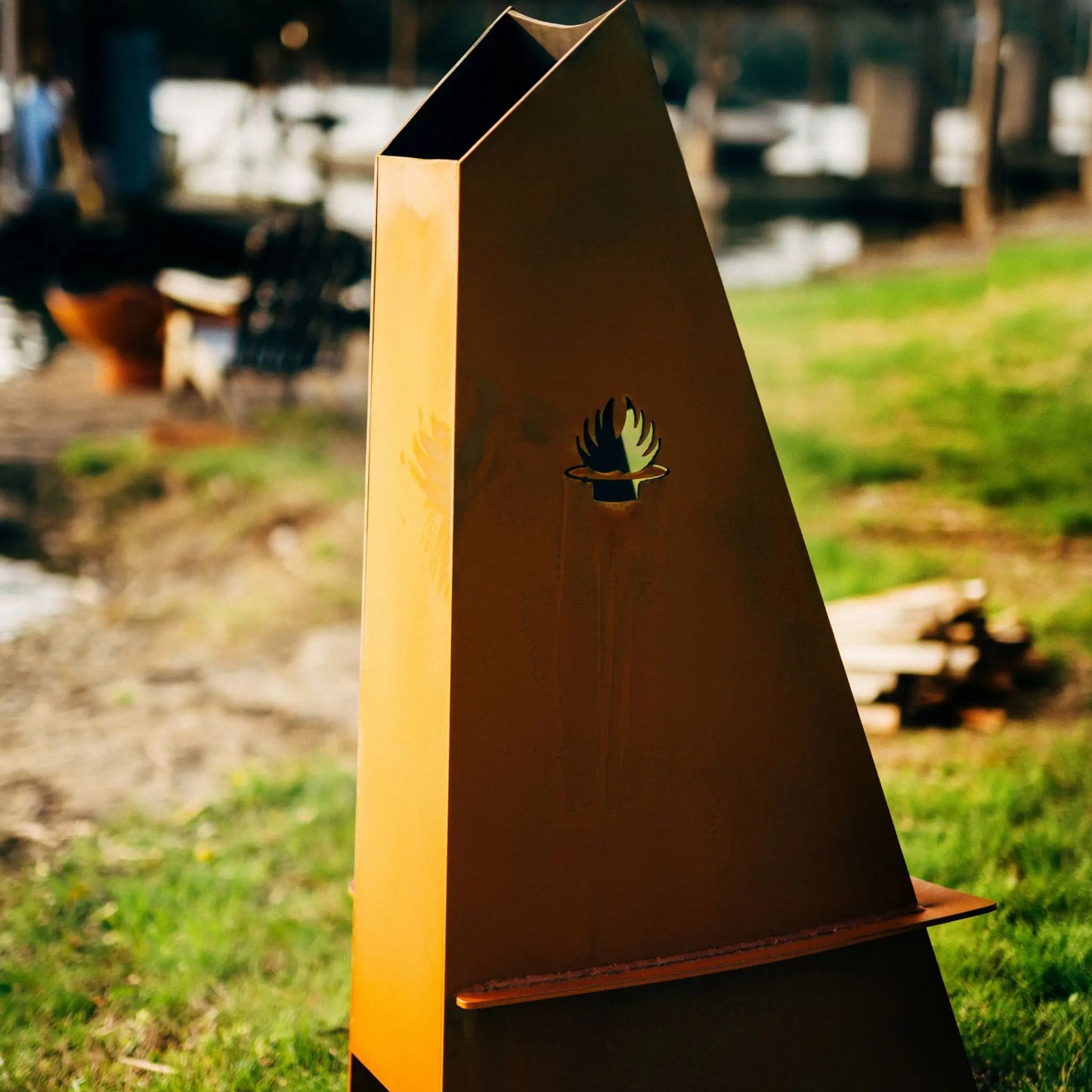Fire Pit Art Vesuvius Wood Burning Fire Pit – Vertical Trilateral Steel Outdoor Fire Pit – Additional View