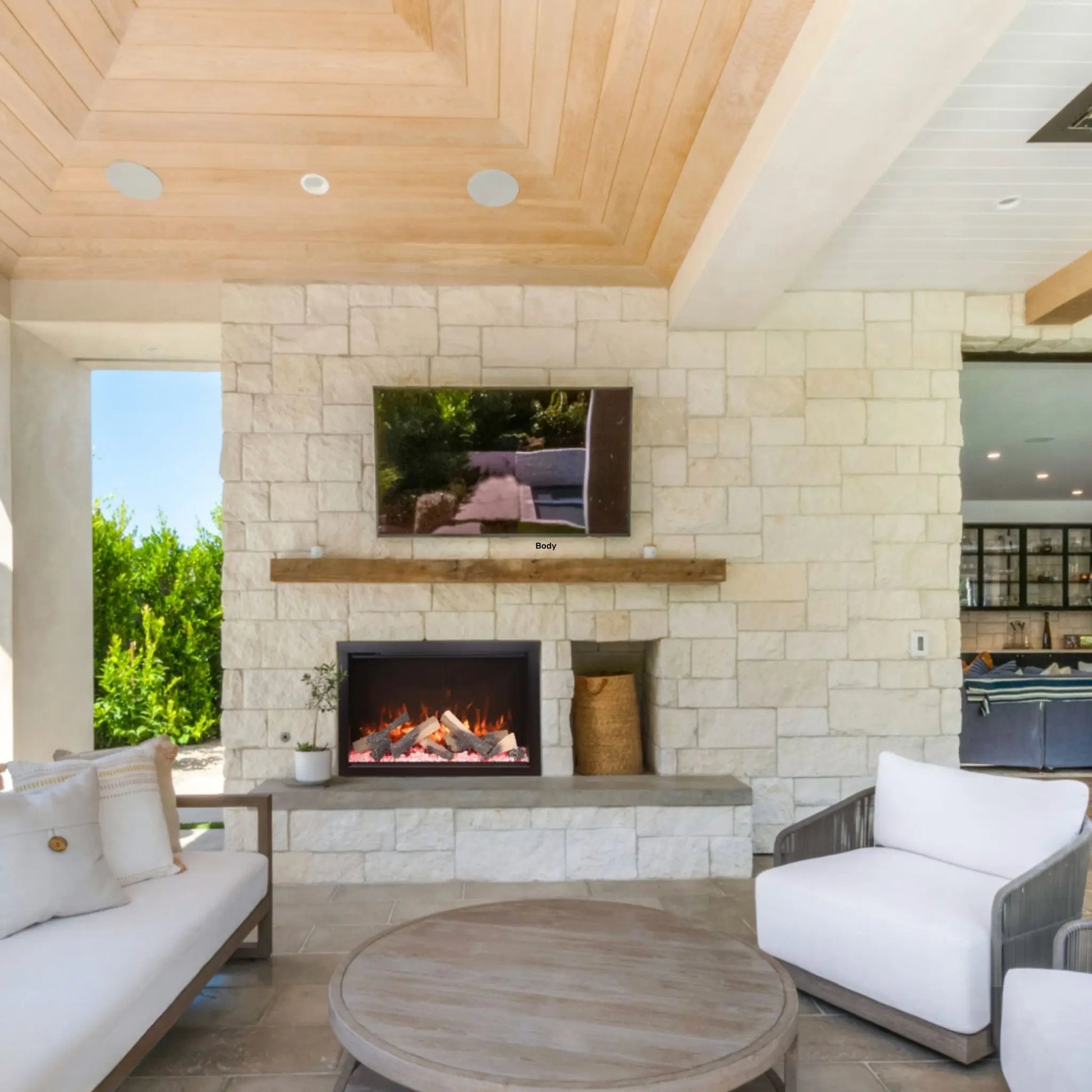 Amantii Traditional Bespoke Electric Fireplace - Black Finish Front View, Fireplace on a luxury patio setting