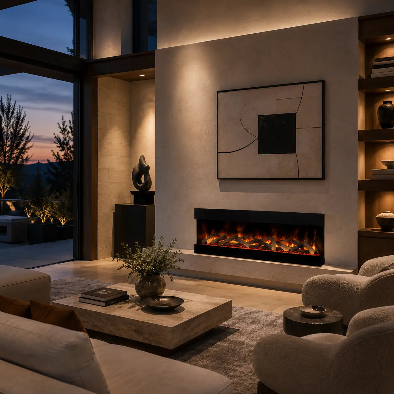 A 3-sided linear electric fireplace with a glowing log set built into a plastered accent wall, in a modern great room at dusk with floor-to-ceiling windows, an abstract black-and-white artwork, a black sculptural figure, and built-in wood shelving.