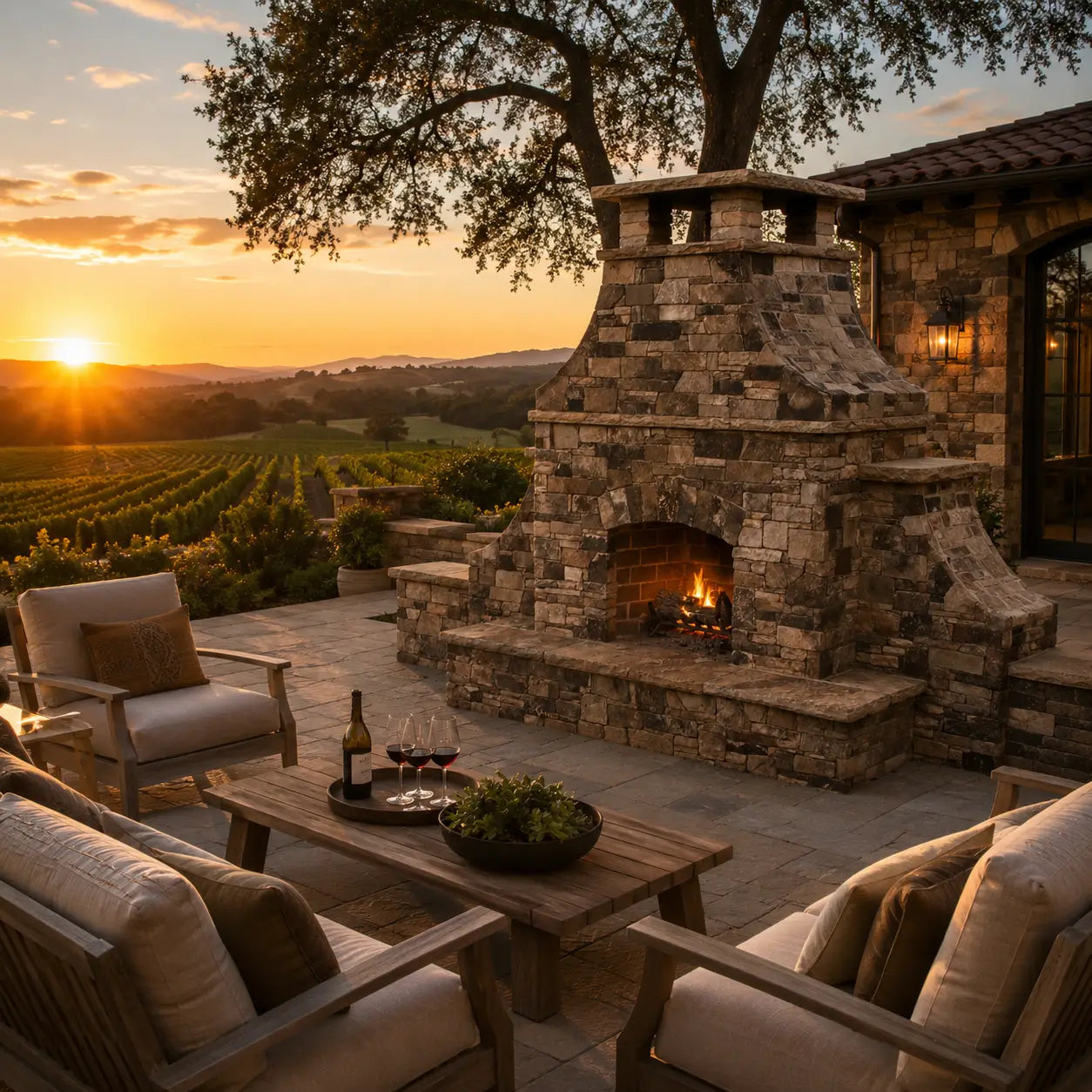 FireRock Pre-Fabricated Arched Outdoor Wood Burning Fireplace – Tuscan-Style Masonry – Installation View