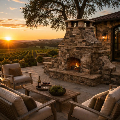 FireRock Pre-Fabricated Arched Outdoor Wood Burning Fireplace – Tuscan-Style Masonry – Installation View