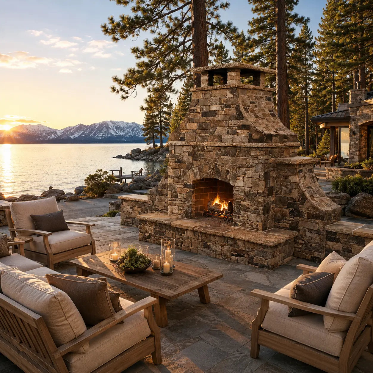 FireRock Pre-Fabricated Arched Outdoor Wood Burning Fireplace – Tuscan-Style Masonry – Outdoor Patio Setting