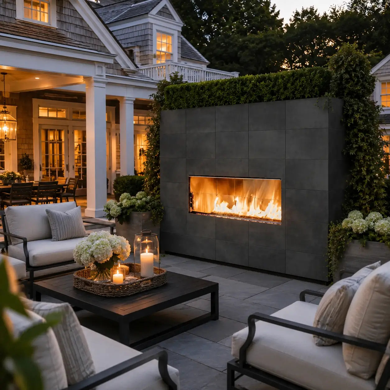 Fire Gear Kalea Bay Outdoor Linear Gas Fireplace – Built-In NG and LP – Luxury Outdoor Living Setting